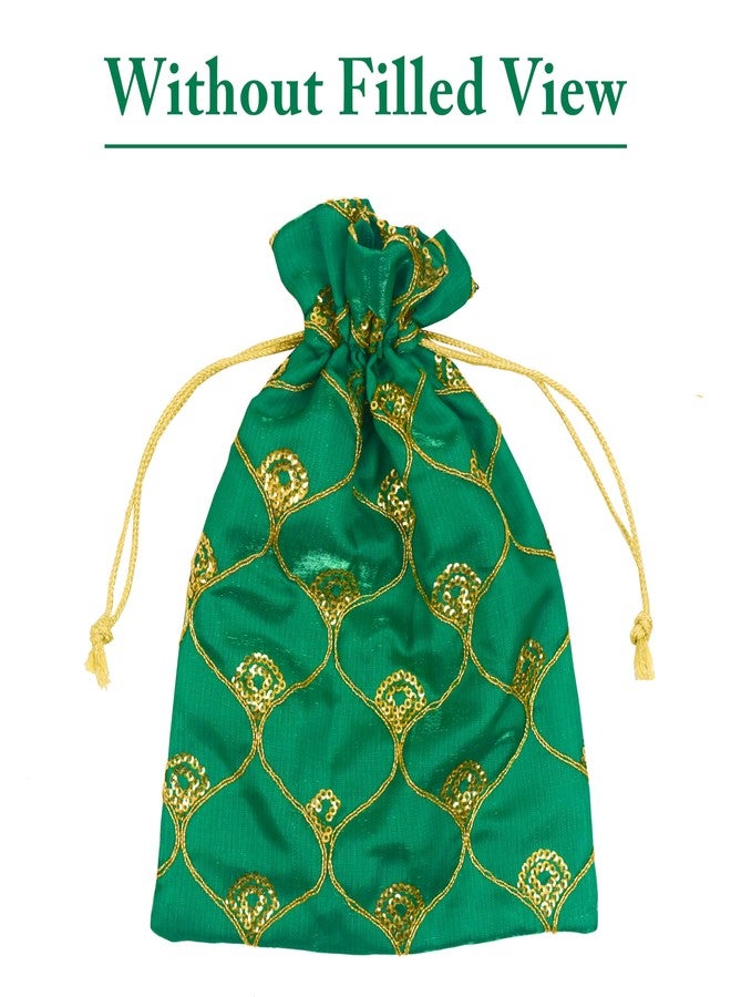 Dulhan Set of 10 Small Size Silk Fabric JHAROKHA Potli Bags for Return Gifts with embroidered Heavy Sequin Work, Green ethnic potli jewelry bag for karvachauth Women Handbag 9 x 12 inches - Image 3